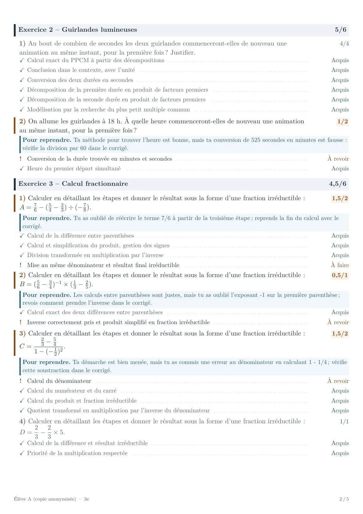 Page 2 de la fiche : problèmes de PPCM et calculs de fractions, avec les conseils de reprise.