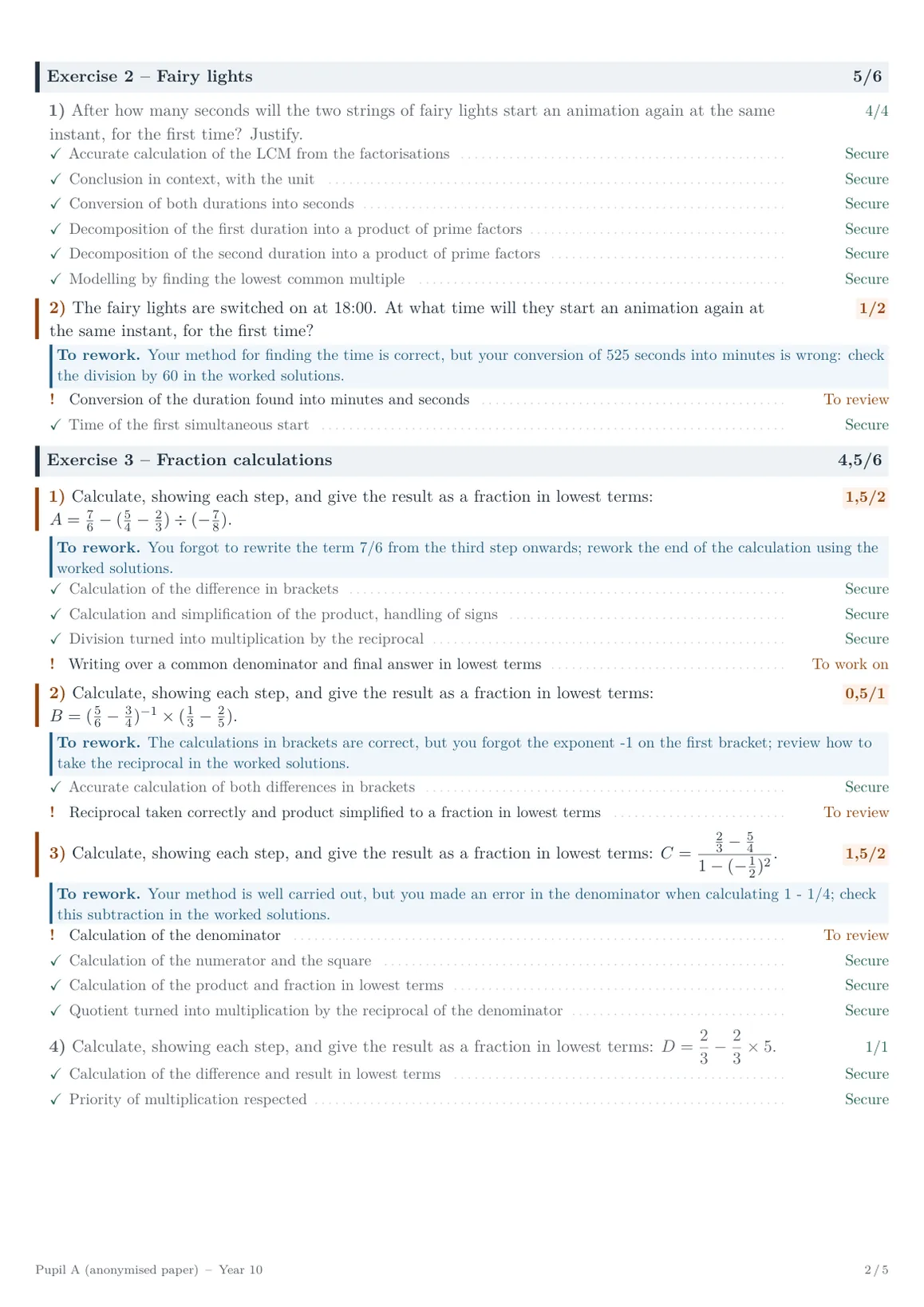 Page 2 of the feedback sheet: LCM problems and fraction calculations, with follow-up advice.